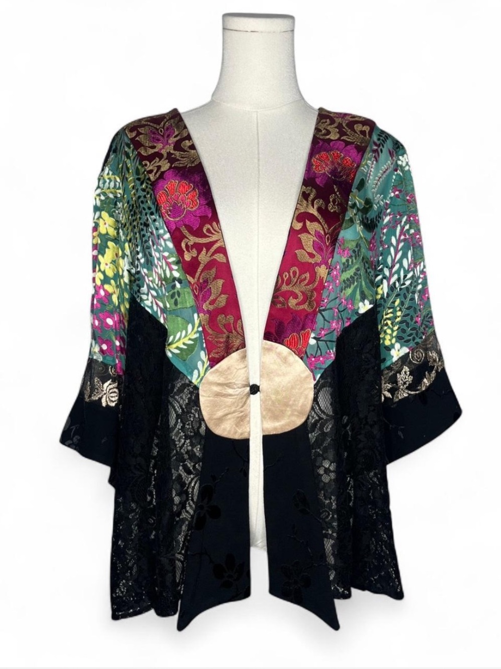 90s Vintage Mixed Media Burnout Velvet Lace Floral Print Kimono Topper